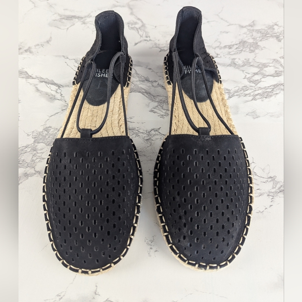 Eileen Fisher Black Perforated Suede Lace Espadrilles Size 7.5 - Picture 2 of 11